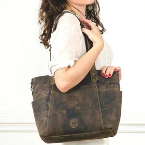 Handmade Stylish Off Black Leather Tote Bag with Pockets